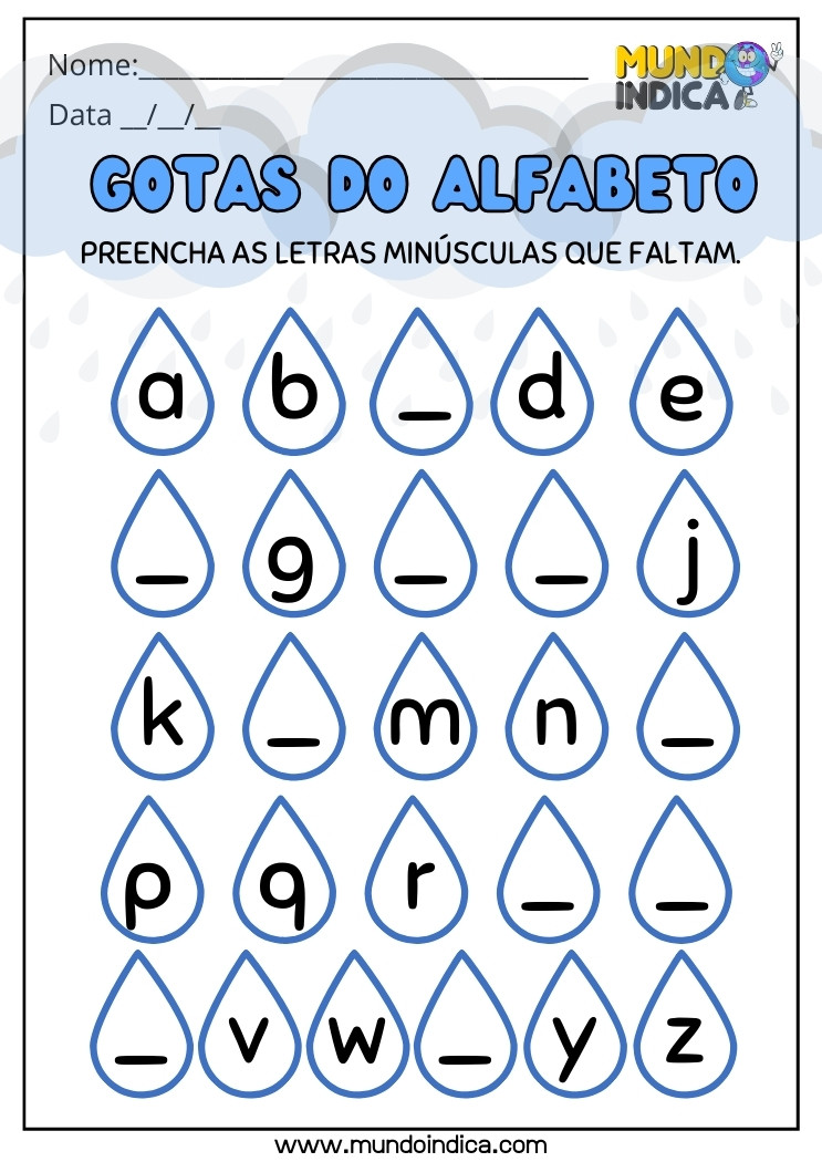 Atividade com Gotas do Alfabeto para Autismo Preencha as Letras Minúsculas que Faltam para Imprimir