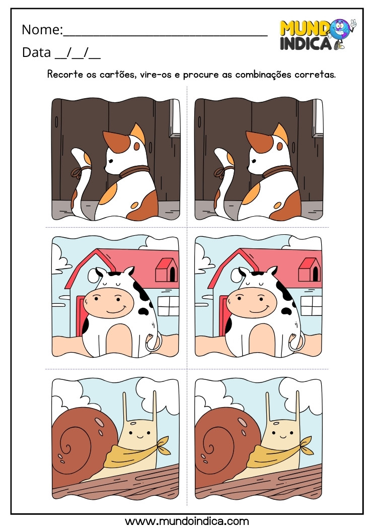 Atividade com Jogo da Memória com Gato Vaca e Caracol para Autismo para Imprimir