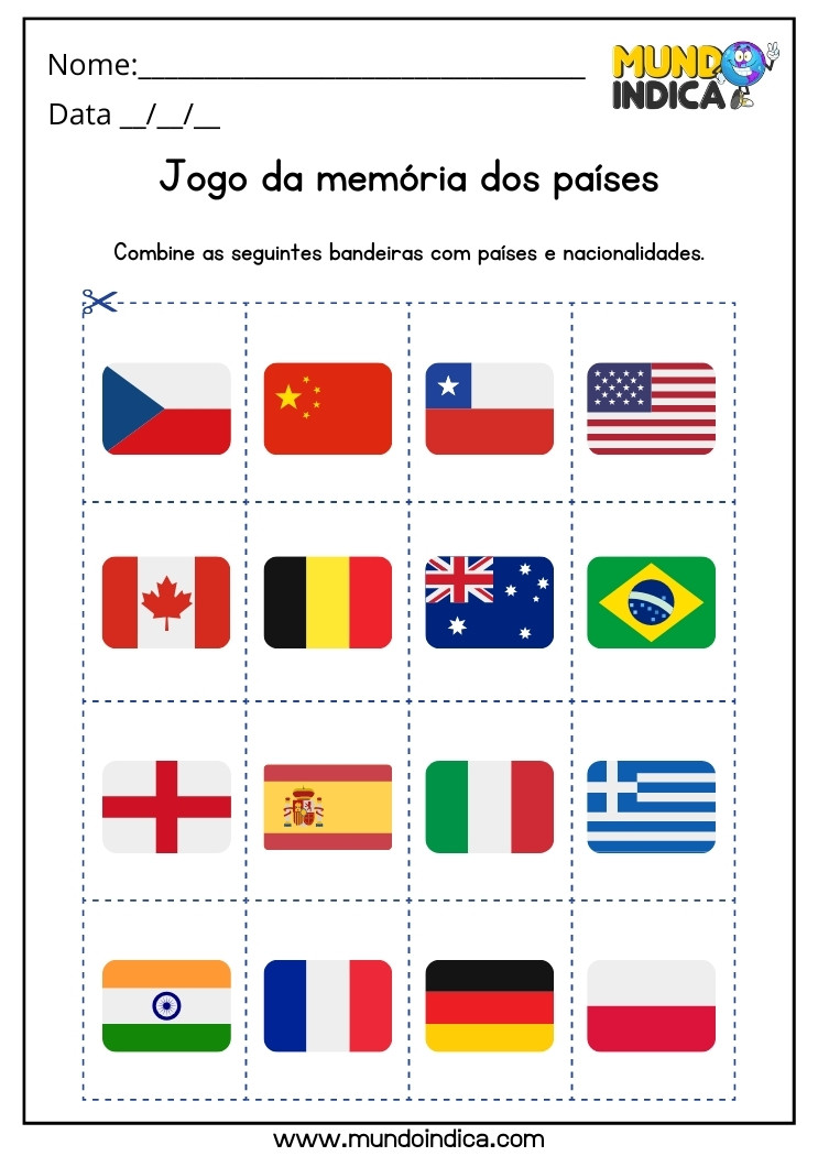 Atividade com Jogo da Memória das Bandeiras dos Países para Autismo para Imprimir