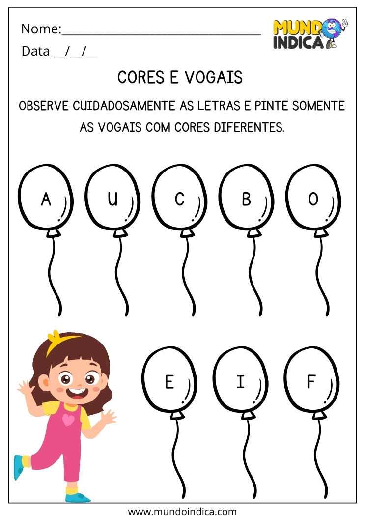 Atividade de Alfabetização para Autismo Pinte Somente os Balões com Vogais para Imprimir