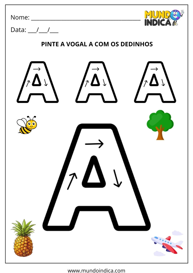 Atividade de Alfabetização para Autismo Pinte a Vogal A com os Dedinhos para Imprimir
