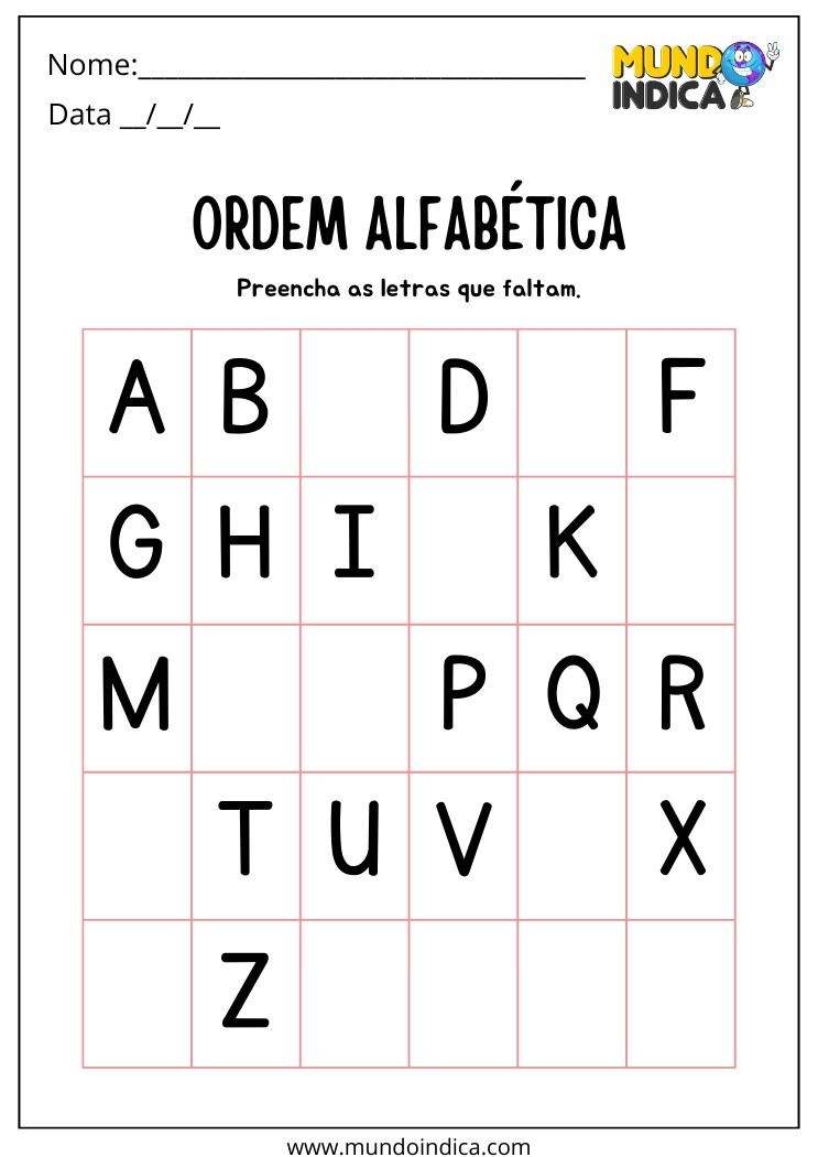 Atividade de Alfabetização para Autismo Preencha as Letras que Faltam para Completar a Ordem Alfabética para imprimir