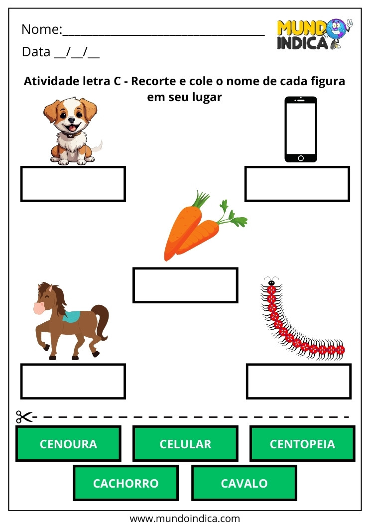 Atividade de Alfabetização para Autismo com Associação de Palavras a Imagens Recorte e Cole o Nome de Cada Figura que Começa com a Letra C para Imprimir