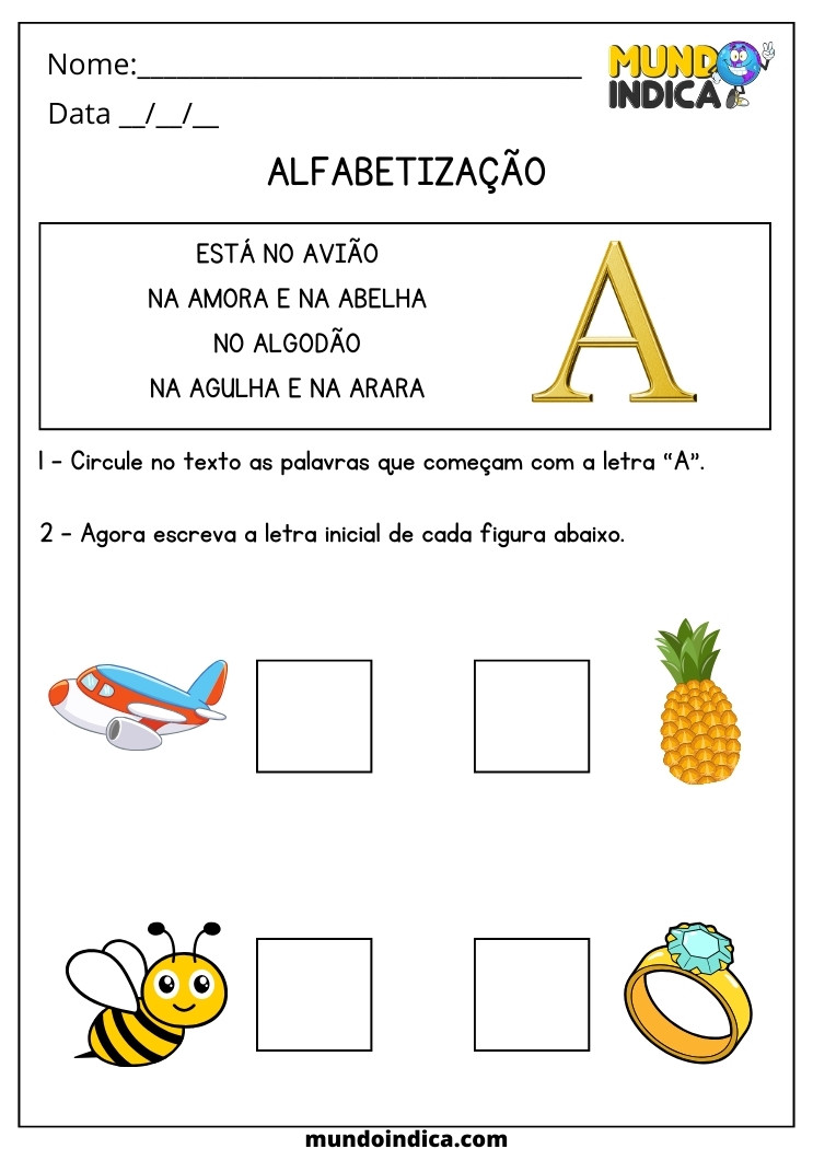 Atividade de Alfabetização para Educação Infantil 5 Anos Circule no Texto as Palavras que Começam com a Letra A para Imprimir