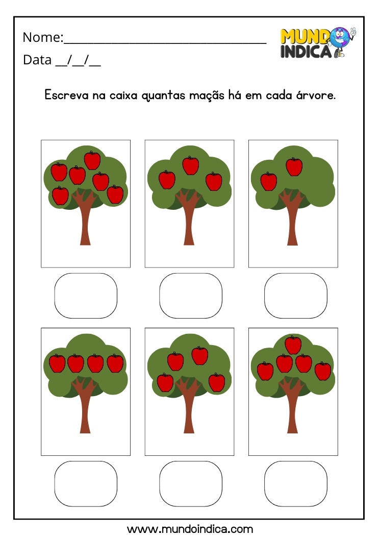 Atividade de Contagem Números e Quantidades para Educação Infantil Escreva na Caixa Quantas Maçãs Têm em Cada Árvore para Imprimir
