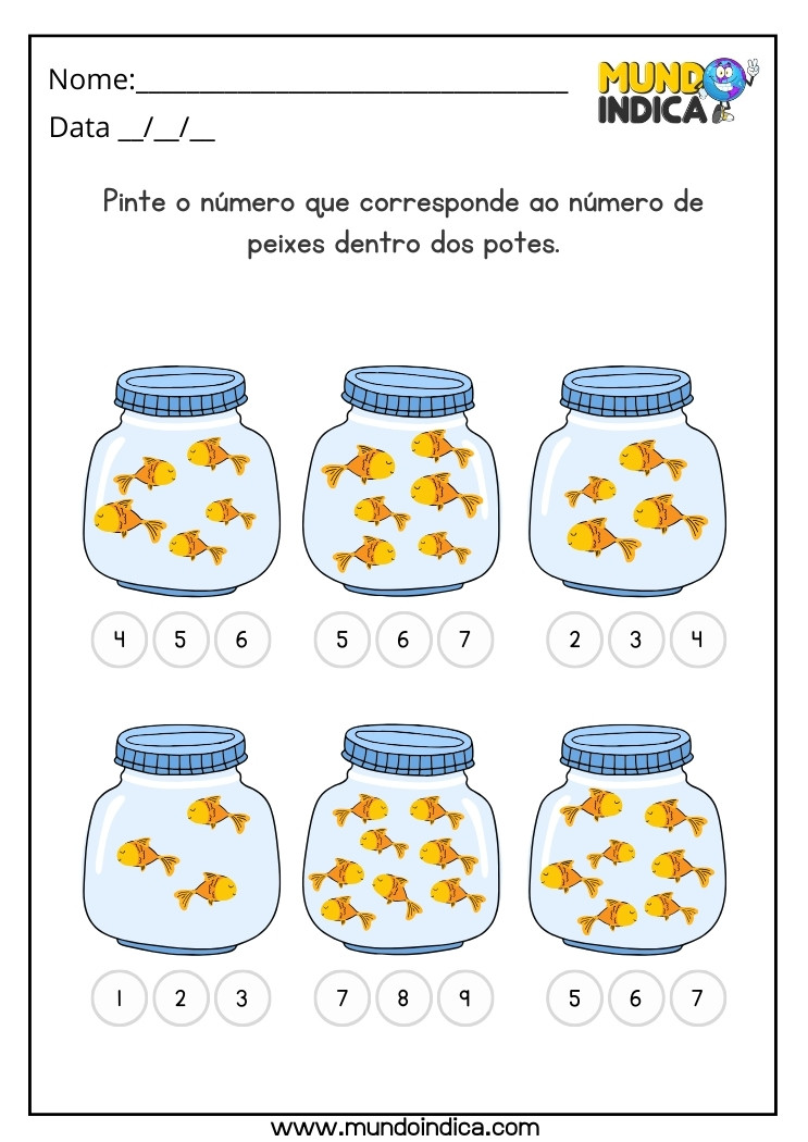 Atividade de Contagem Números e Quantidades para Educação Infantil Pinte o Número que Corresponde a Quantidade de Peixes dentro dos Potes para Imprimir