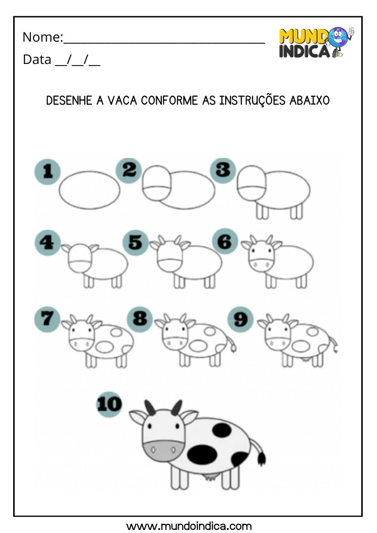 Atividade de Desenho da Vaca Conforme Instruções para Educação Especial para Imprimir