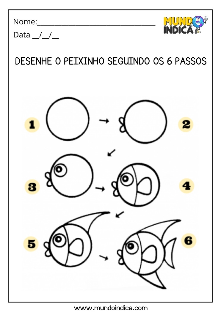 Atividade de Desenho do Peixinho em 6 Passos para Educação Especial para Imprimir