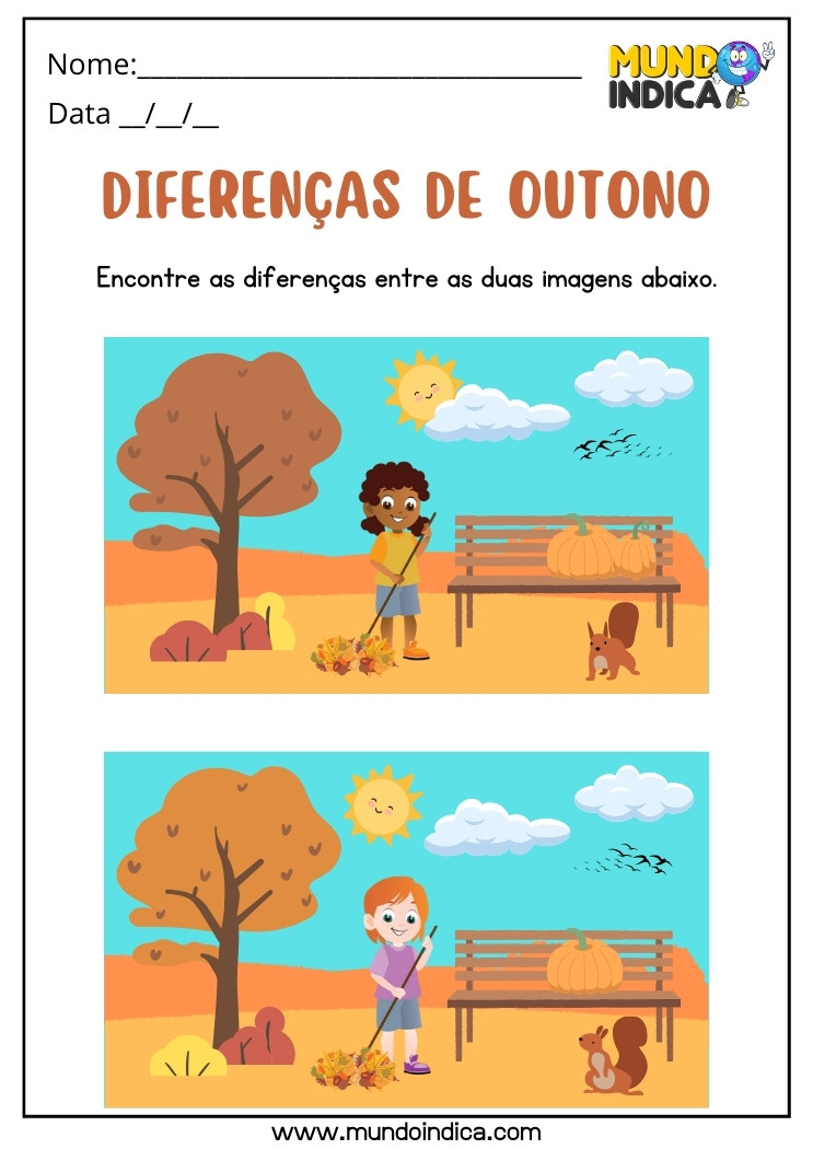 Atividade de Diferenças de Outono para Educação Infantil Encontre os Erros nas Duas Imagens para Imprimir