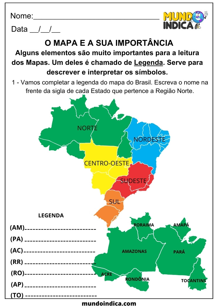 Atividade de Geografia para 3 ano Complete a Legenda do Mapa do Brasil Conforme as Instruções para imprimir