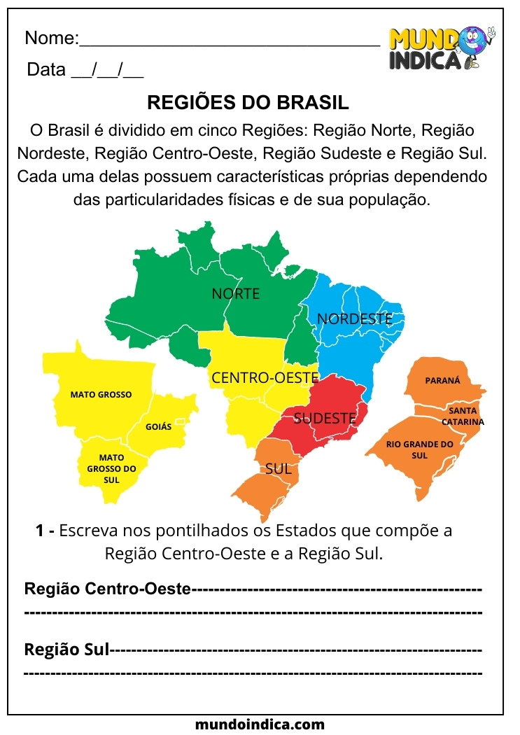 Atividade de Geografia para 3 ano sobre Regiões do Brasil para imprimir