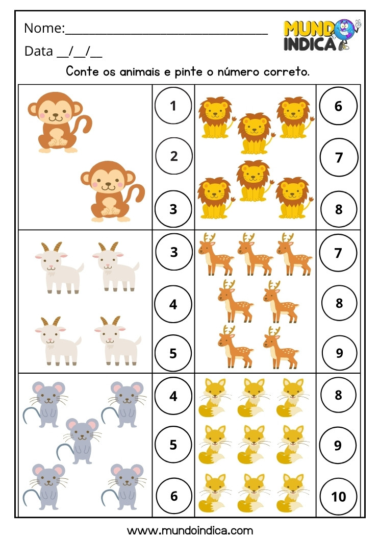 Atividade de Inclusão Matemática Conte os Animais e Pinte o Número Correto para Imprimir