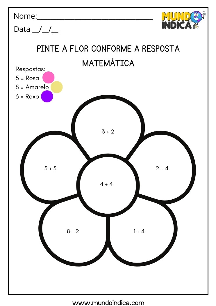 Atividade de Inclusão Matemática Pinte a Flor Conforme a Resposta Matemática para Imprimir