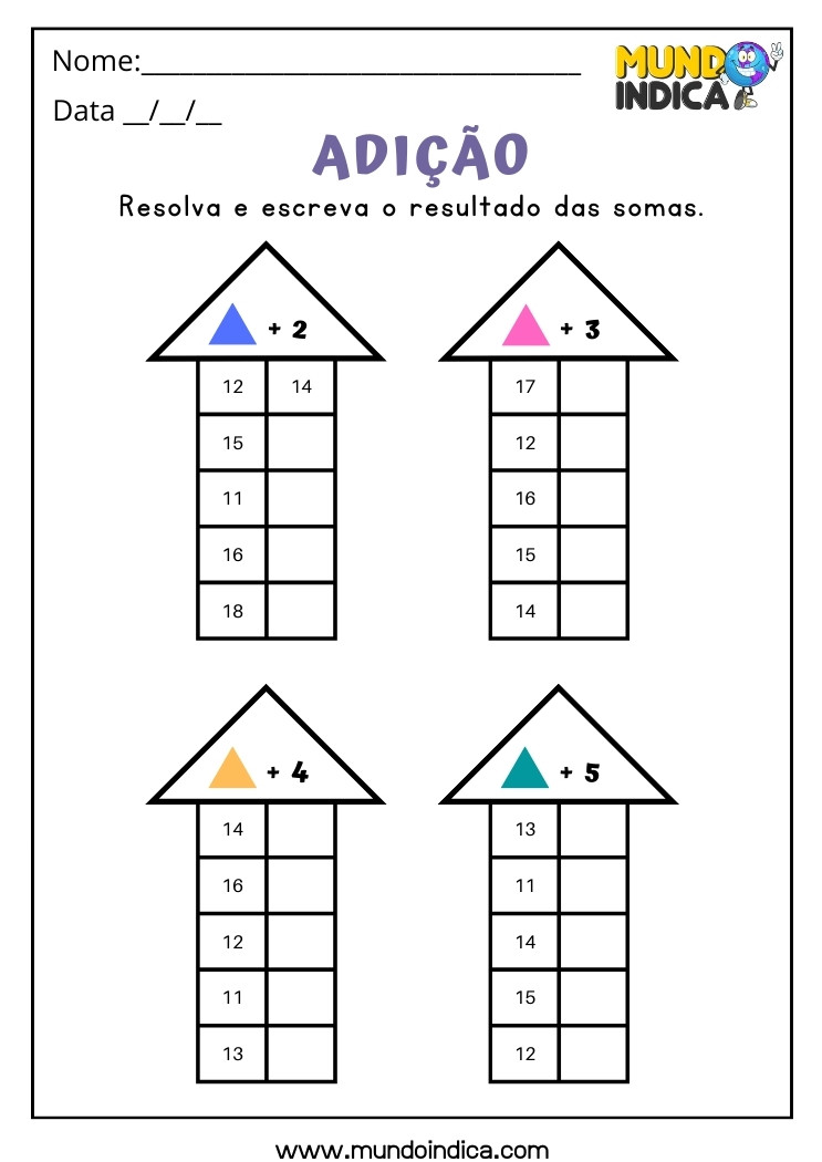 Atividade de Inclusão Matemática Resolva as Contas de Adição Conforme os Triângulos Coloridos para Imprimir