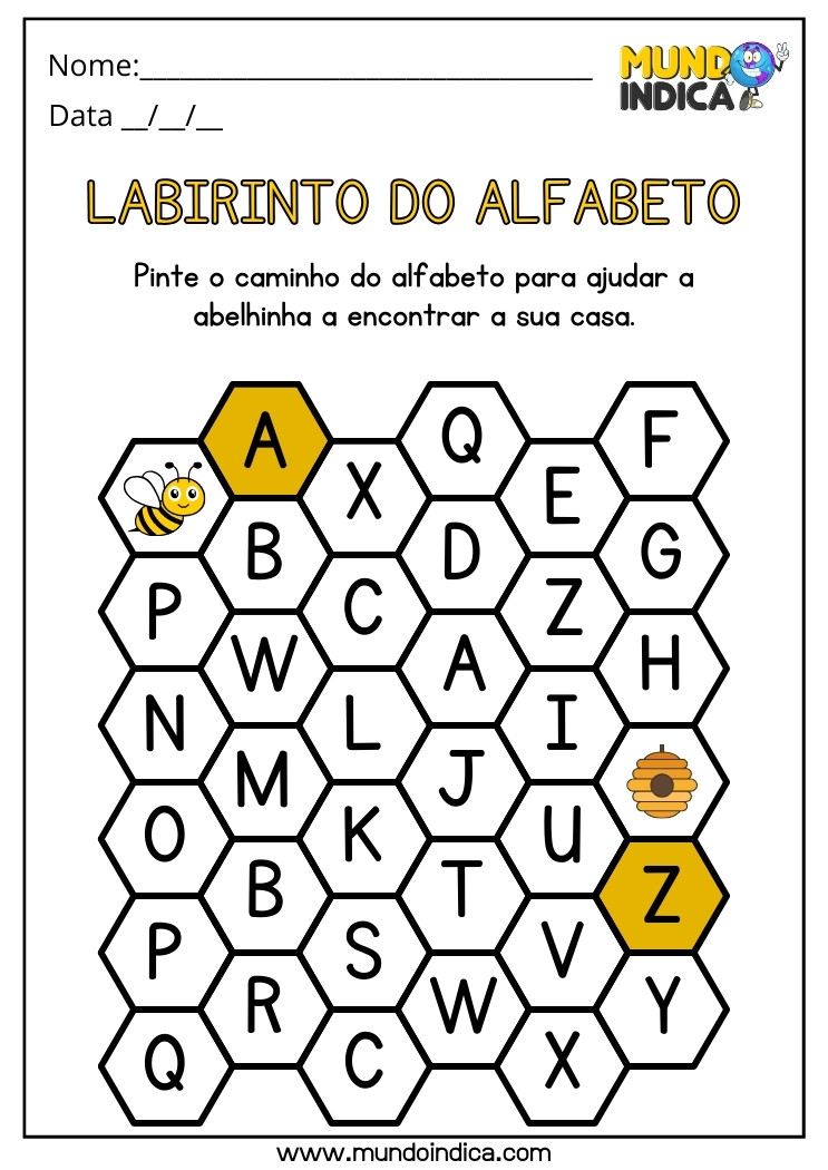Atividade de Labirinto do Alfabeto para Autismo Pinte o Caminho do Alfabeto para Ajudar a Abelhinha a Encontrar a sua Casa para Imprimir