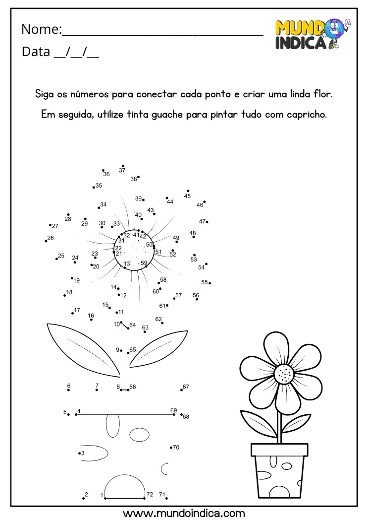 Atividade de Ligar os Pontos para Criar uma Flor de Primavera e Pintar com Tinta Guache para Educação Infantil para Imprimir