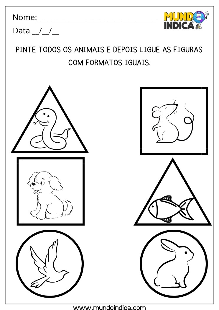 Atividade de Maternal Pinte Todos os Animais e Depois Ligue as Figuras com Formatos Iguais para Imprimir
