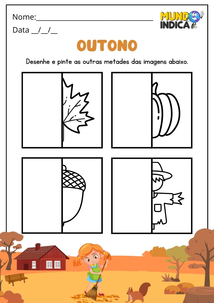 Atividade de Outono para Educação Infantil Desenhe e Pinte as Outras Metades das Imagens Abaixo para Imprimir