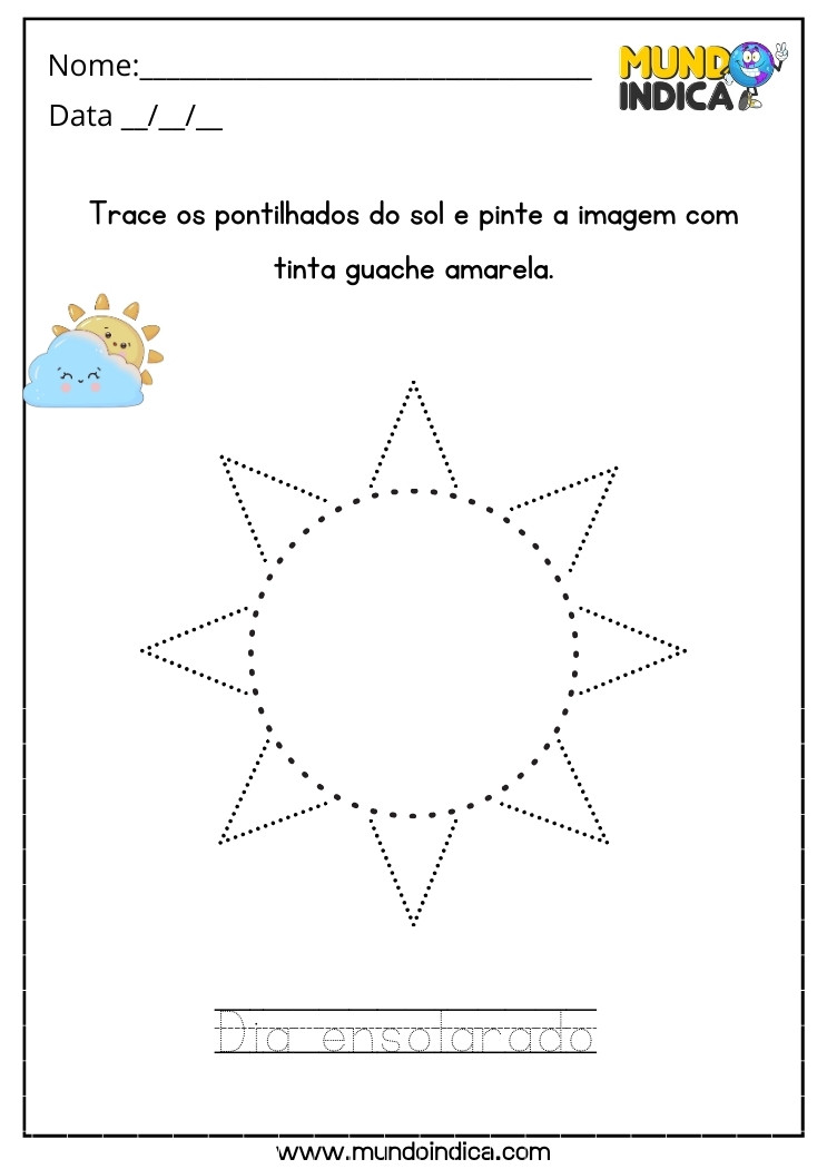Atividade de Verão para Educação Infantil Trace os Pontilhados do Sol e Pinte a Imagem com Tinta Guache Amarela para Imprimir