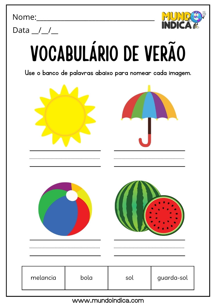 Atividade de Verão para Educação Infantil Use o Banco de Palavras Abaixo para Nomear cada Imagem para Imprimir