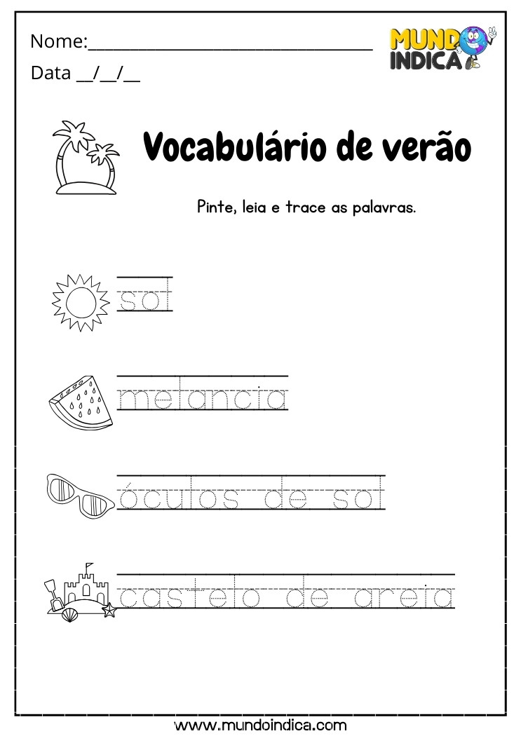 Atividade de Vocabulário de Verão para Educação Infantil Pinte e Trace as Palavras para Imprimir