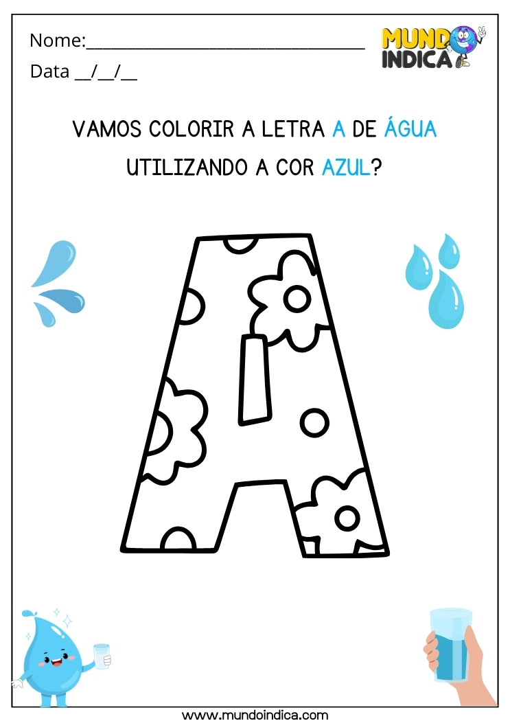 Atividade do Dia da Água com Pintura da Letra A de Azul para Educação Infantil para Imprimir
