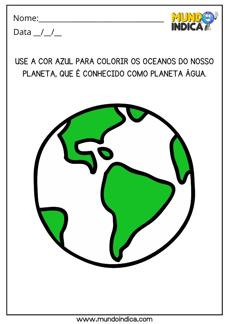 Atividade do Dia da Água para Educação Infantil Use a Cor Azul para Colorir os Oceanos do Nosso Planeta para Imprimir