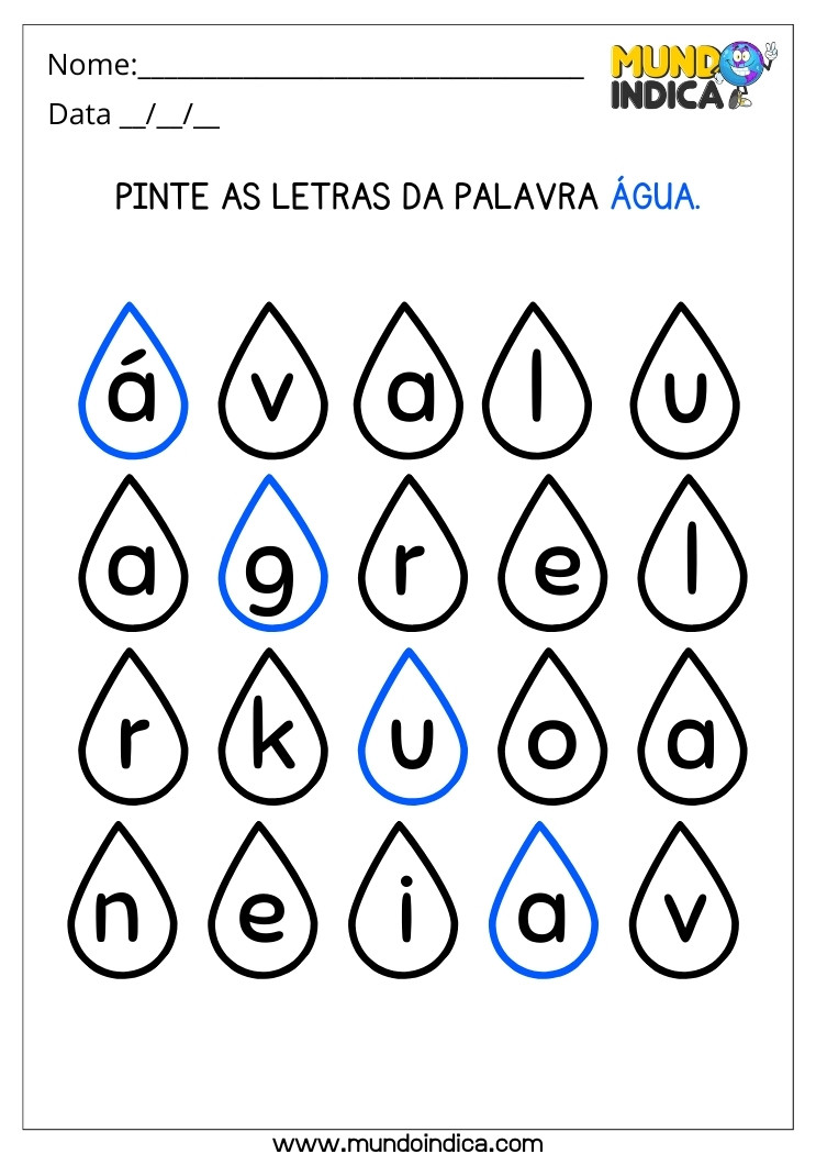 Atividade do Dia da Água para Pintar as Gotinhas que Possuem as Letras da Palavra Água para Educação Infantil para Imprimir