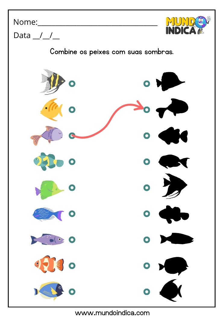 Atividade para Alunos com Autismo Combine os Peixes com suas Sombras para Imprimir