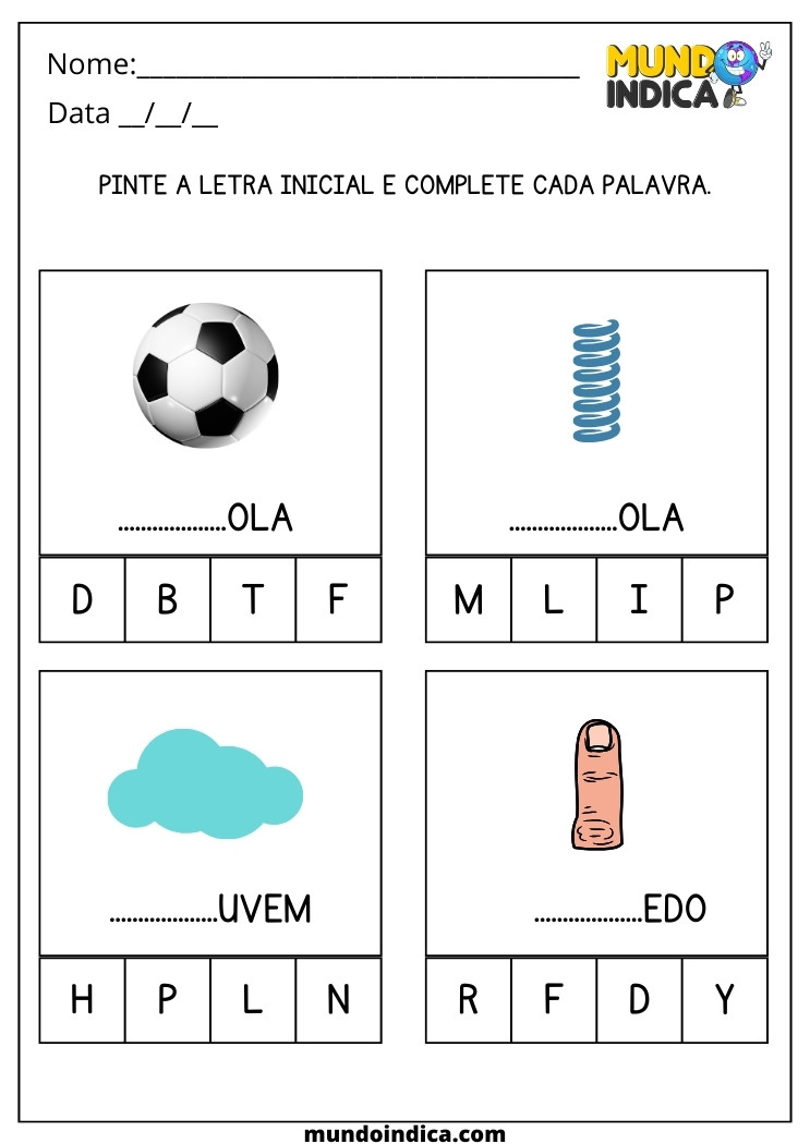 Atividade para Educação Infantil 4 Anos Pinte a Letra Inicial e Complete Cada Palavra para Imprimir