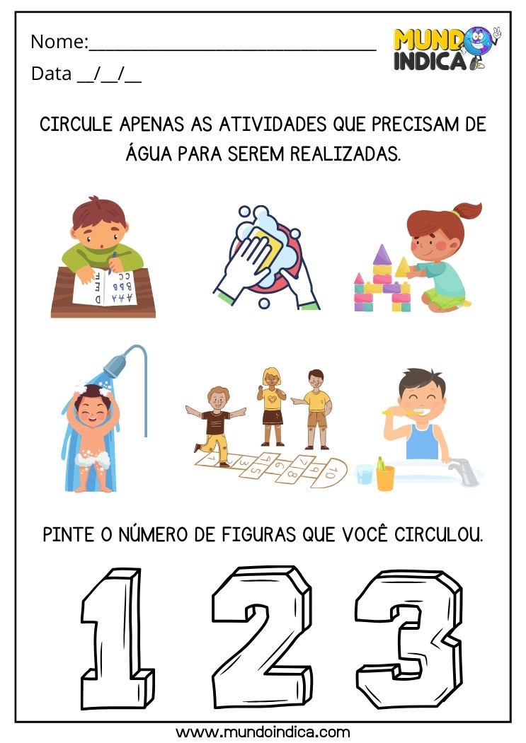 Atividade para Educação Infantil Circule Apenas as Atividades que Precisam de Água para Serem Realizadas e Pinte o Número que Você Circulou para Imprimir