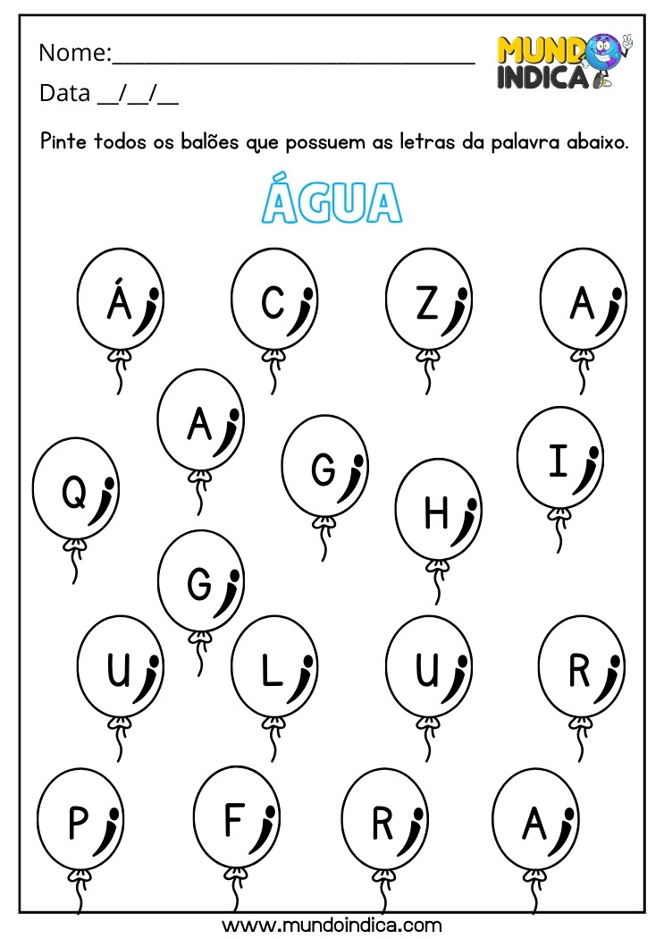 Atividade para Educação Infantil Pinte os Balões que Possuem as Letras da Palavra Água para Imprimir