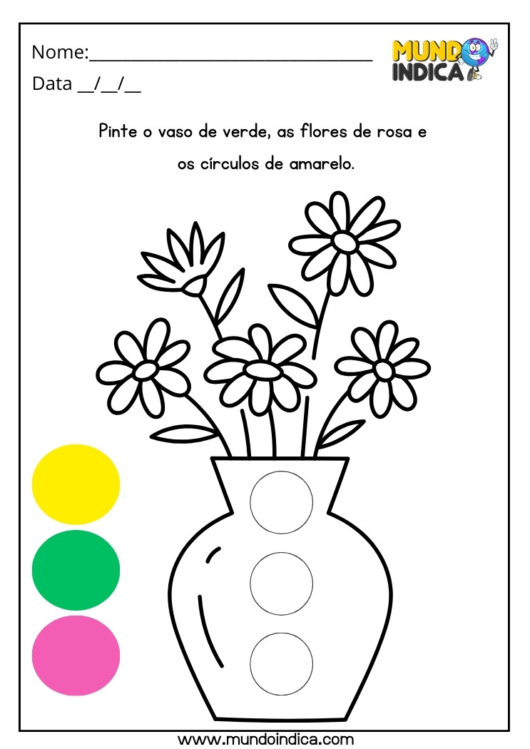 Atividades com Flores para Autistas Pinte o Vaso de Verde as Flores de Rosa e os Círculos de Amarelo para Imprimir