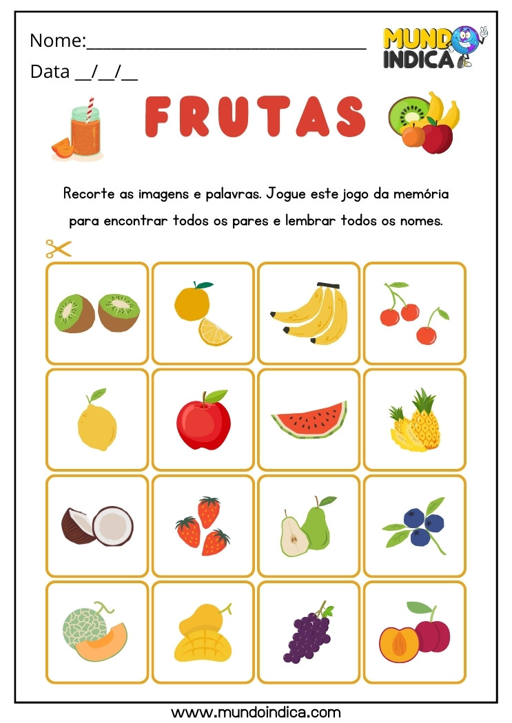 Jogo da Memória com Imagens de Frutas para Autismo para Imprimir