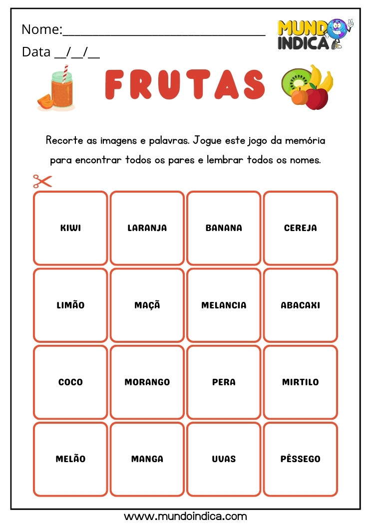 Jogo da Memória com Nomes de Frutas para Autismo para Imprimir