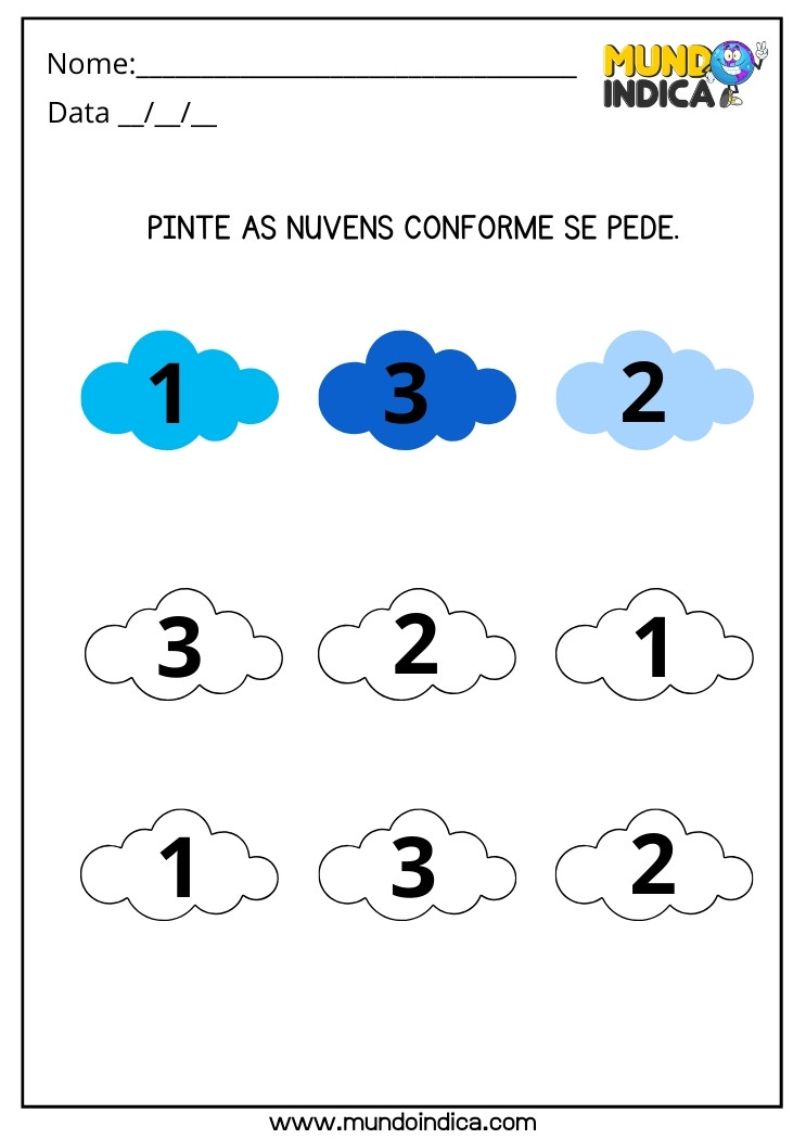 Atividade Pinte as Nuvens Conforme os Números para Autismo para Imprimir
