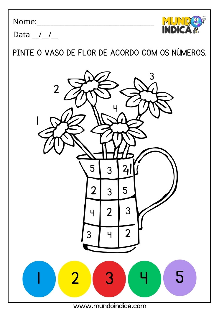 Atividade Pinte o Vaso de Flor de Acordo com os Números Coloridos para Autismo para Imprimir
