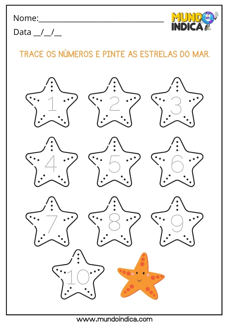 Atividade Trace os Números Pontilhados e Pinte as Estrelas do Mar para Educação Infantil para Imprimir