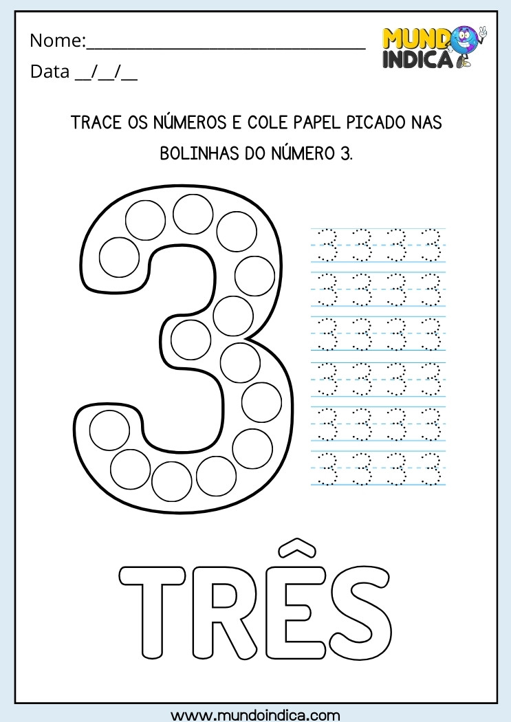Atividade Trace os Números e Cole Papel Picado nas Bolinhas do Número 3 para Imprimir