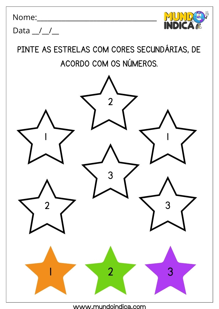 Atividade com Cores Secundárias e Números para Colorir as Estrelas para Educação Infantil para Imprimir