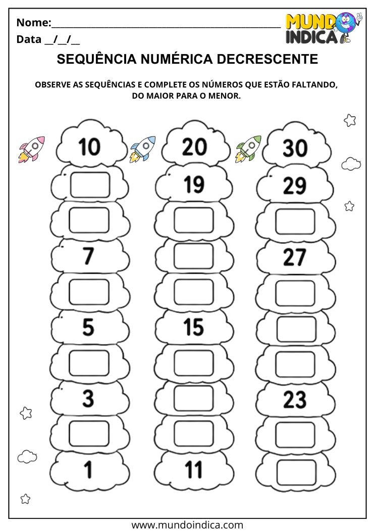 Atividade com Sequência Numérica Decrescente para Alunos com Autismo para Imprimir