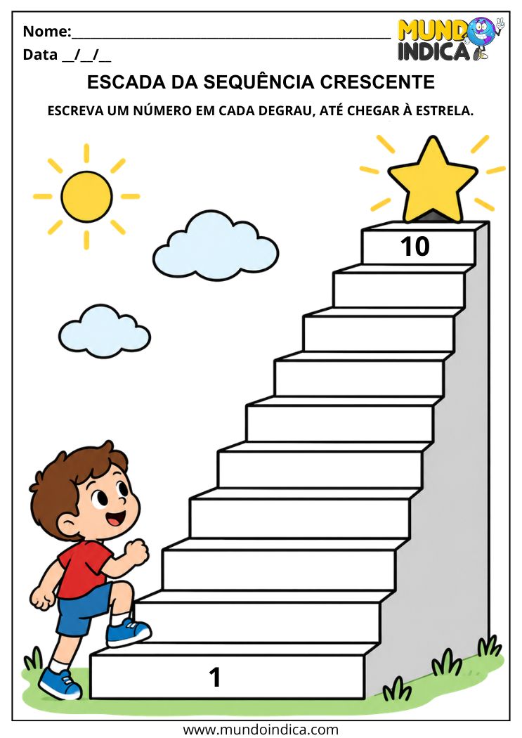 Atividade com Sequência Numérica de 1 a 10 para Escrever a a Sequência Crescente em Cada Degrau até Chegar à Estrela para Imprimir