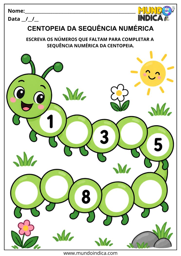 Atividade com Sequência Numérica de 1 a 10 para Escrever na Centopeia os Números que Faltam para Imprimir