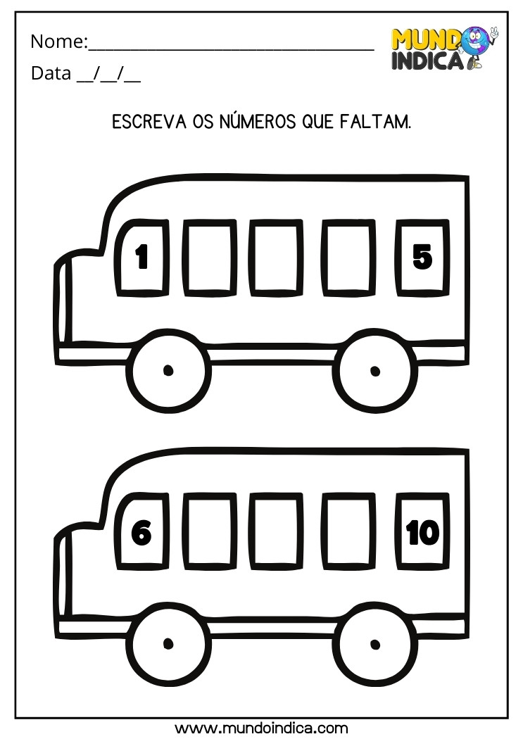 Atividade com Sequência Numérica de 1 a 10 para Escrever nas Janelas do Ônibus os Números Faltantes para Educação Infantil para Imprimir