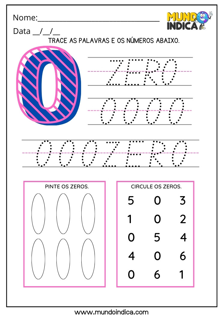 Atividade com o Número 0 para Traçar as Palavras e os Números, Pintar e Circular os Zeros Imprimir