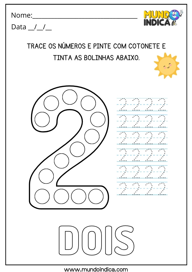 Atividade com o Número 2 Trace os Números e Pinte com Cotonete e Tinta as Bolinhas para Imprimir