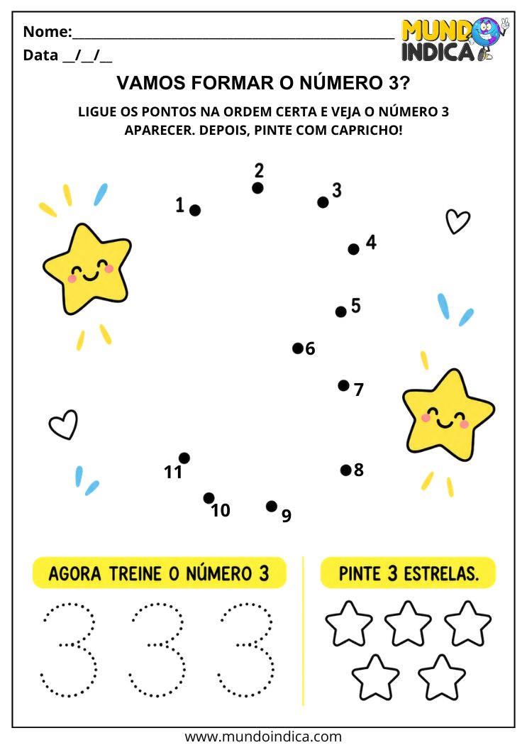 Atividade com o Número 3 com Ligue os Pontos, Traçado e Pintura para Imprimir