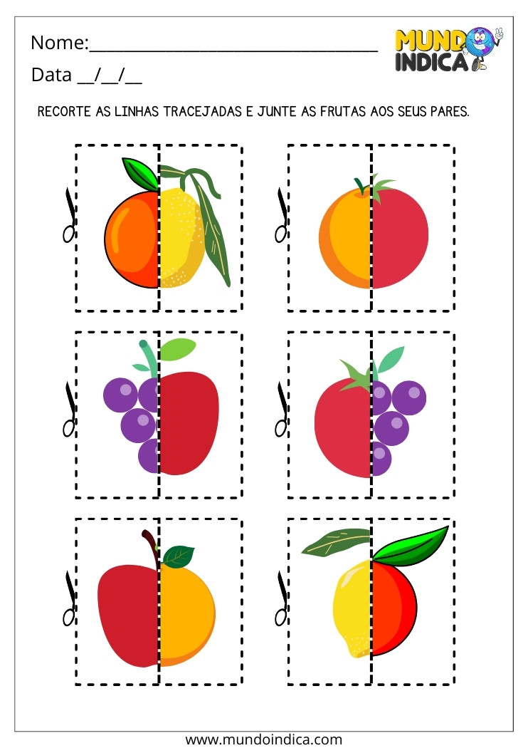 Atividade de Coordenação Motora Recorte as Linhas Tracejadas e Junte as Frutas aos Seus Pares para Imprimir
