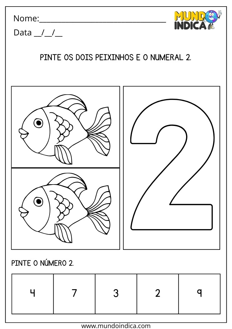 Atividade de Maternal 2 Pinte os Dois Peixinhos e o Numeral 2 para Imprimir
