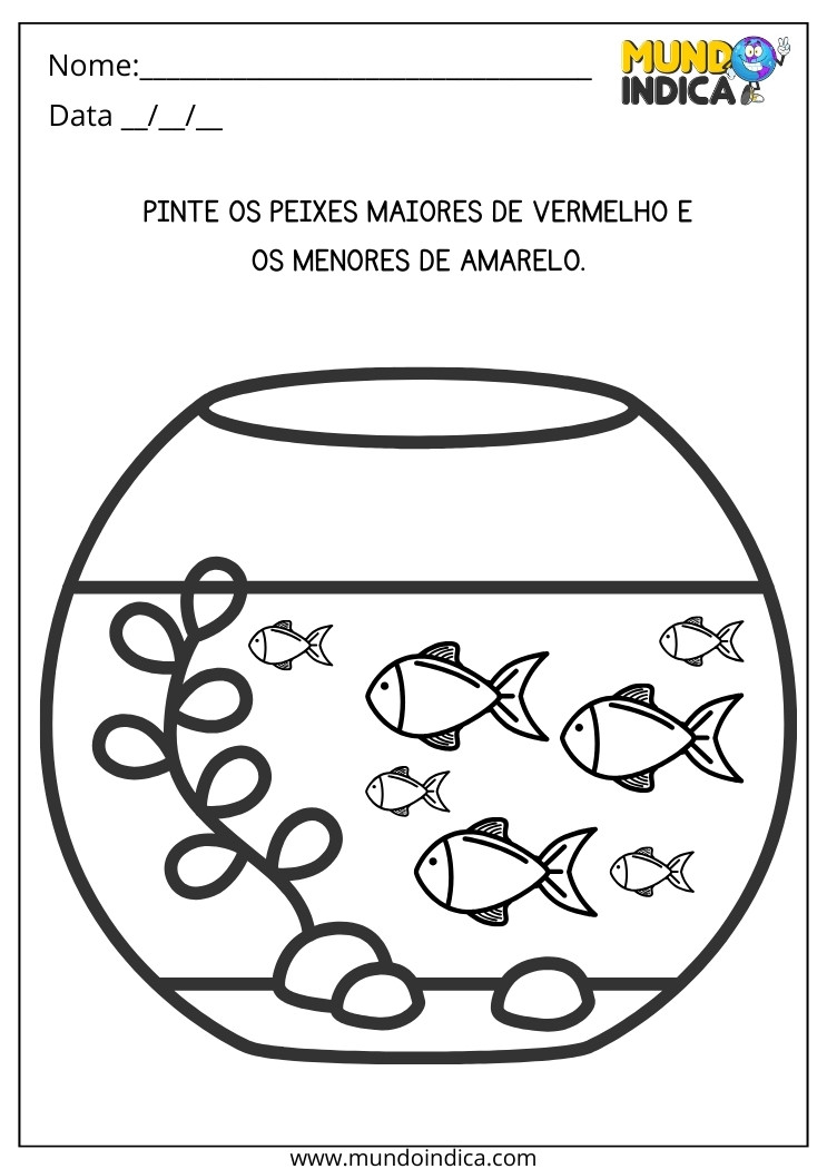 Atividade de Maternal 2 Pinte os Peixes Maiores de Vermelho e os Menores de Amarelo para Imprimir